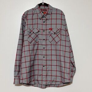 a Dixxon Flannel Co. Smoke Eater Plaid Flannel Red and gray